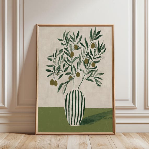 Olive Branch Wall Art Print, Mediterranean Kitchen Decor, Green Botanical Printable, Tuscan Farmhouse Wall Art (Digital Download)