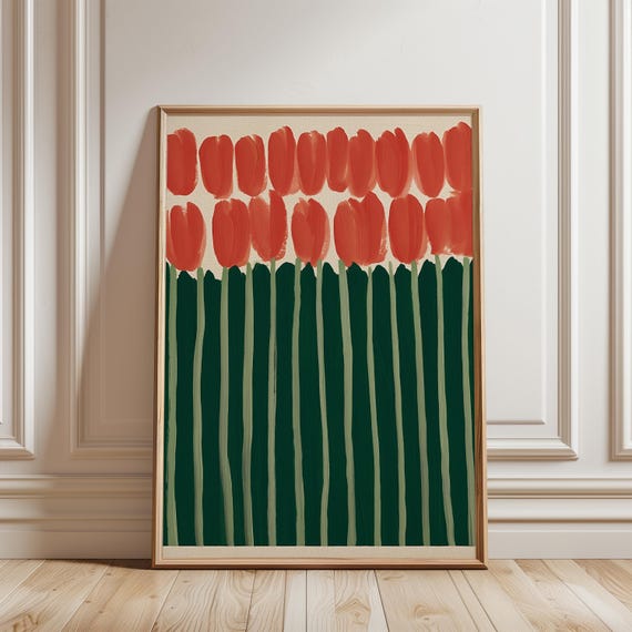 Modern Minimalist Tulip Field Painting, Scandinavian Wall Art (Digital Download) 487