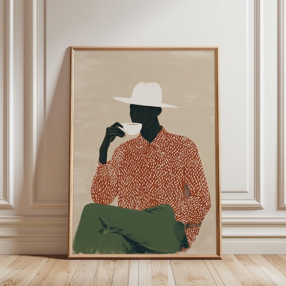 Black Man Drinking Coffee Wall Art, Modern Figurative Printable, Rust Orange Green, Afrocentric Contemporary Painting (Digital Download)