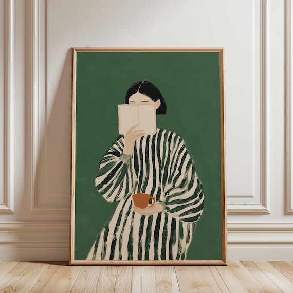 Woman Reading Wall Art – Sage Green Coffee Lover Print (Digital Download)