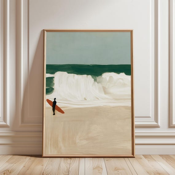 Minimalist Surfer Beach Art with Orange Surfboard, Coastal Ocean Painting (Digital Download) 247