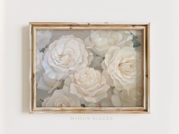 White Roses Oil Painting Print | Soft Floral Wall Art (Digital Download)