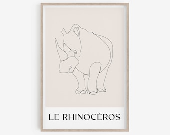 Dessin au trait animal, décoration minimaliste pour chambre d'enfants, décoration murale pour chambre de bébé, impressions d'animaux, téléchargement numérique, art mural imprimable, impression de rhinocéros.