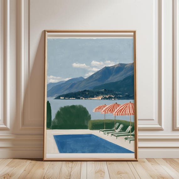 Coastal Poolside Landscape Painting, Serene Summer Vibes Art (Digital Download) 697