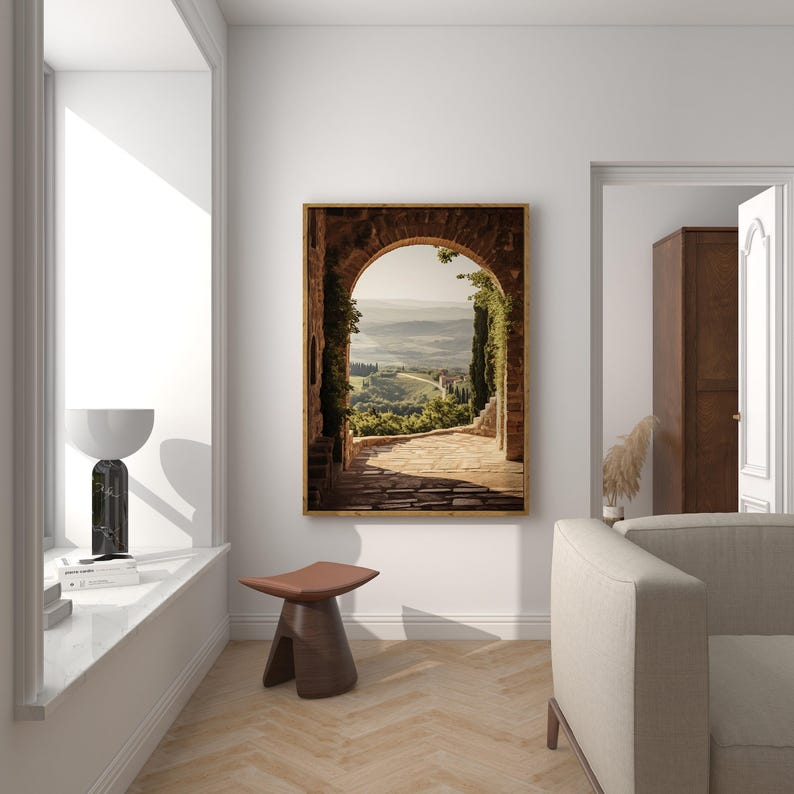 Tuscan arch print: brick Italian archway framing a countryside valley with stone path and olive trees in oil painting style.