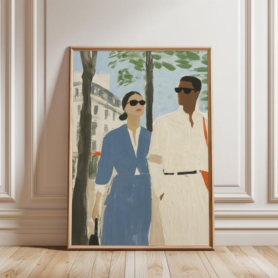 Chic Parisian Couple Strolling, Vintage Romance Art (Digital Download) 404
