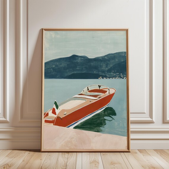 Classic Red Riva Boat Artwork, Vintage Nautical Coastal Gouache Painting (Digital Download) 453