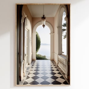 Victorian painting of a French Riviera Mansion, Printable Art, Beautiful Era, checkered floor, Antique, Victorian architecture.