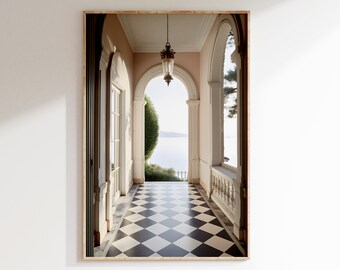 French Riviera Mansion Print, Victorian Painting, Checkered Floor (Digital Download)