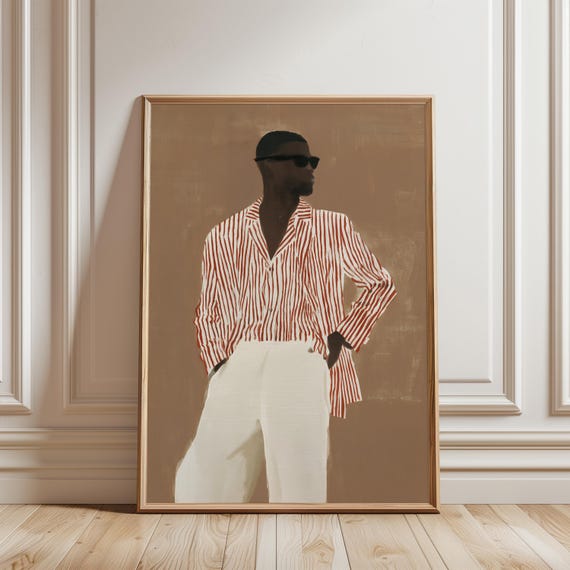 Chic Fashion Portrait of Stylish Black Man in Striped Shirt, Gouache Art (Digital Download) 482