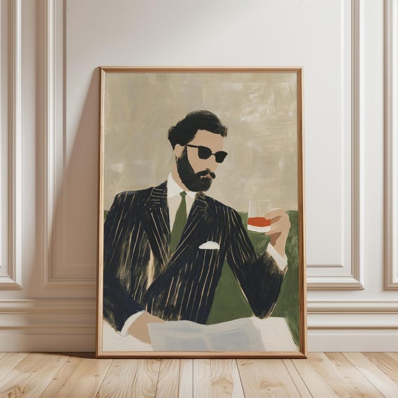 Sprezzatura Man in Pinstripe Suit Drinking Whisky, Retro Gouache Painting (Digital Download) 460
