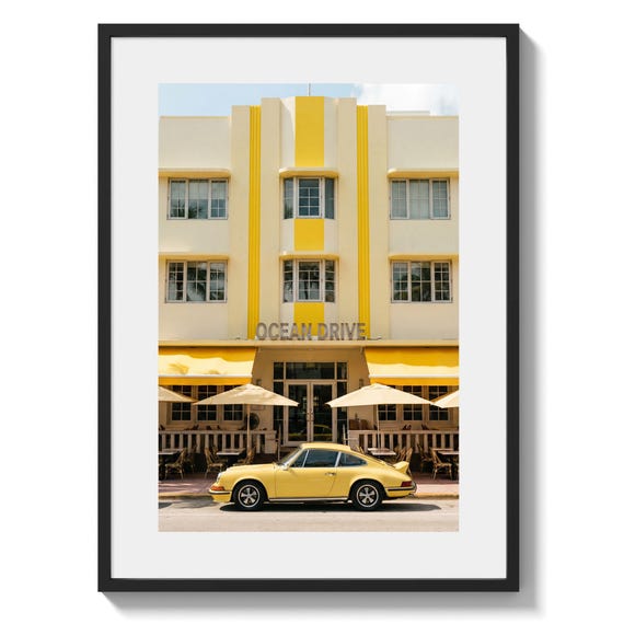 Miami Art Deco Wall Art, Ocean Drive Print, Yellow Porsche 911 poster printable (Instant Download)