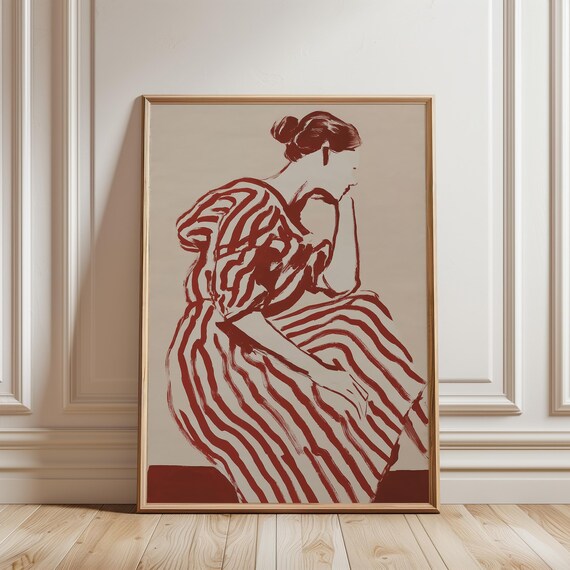 Minimalist Seated Woman in Striped Dress, Mid-Century Modern Wall Art (Digital Download) 582