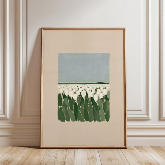 White Tulip Field Art, Minimalist Gouache Flower Print (Digital Download) 423