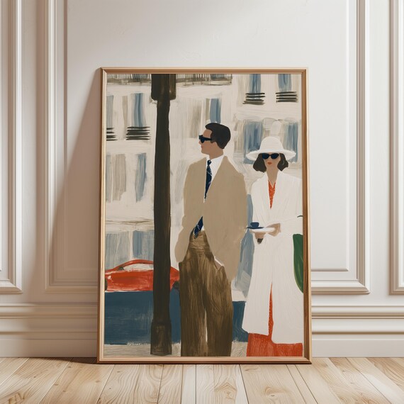 Chic Parisian Couple Painting, Vintage Mid-Century Modern Wall Art (Digital Download) 217