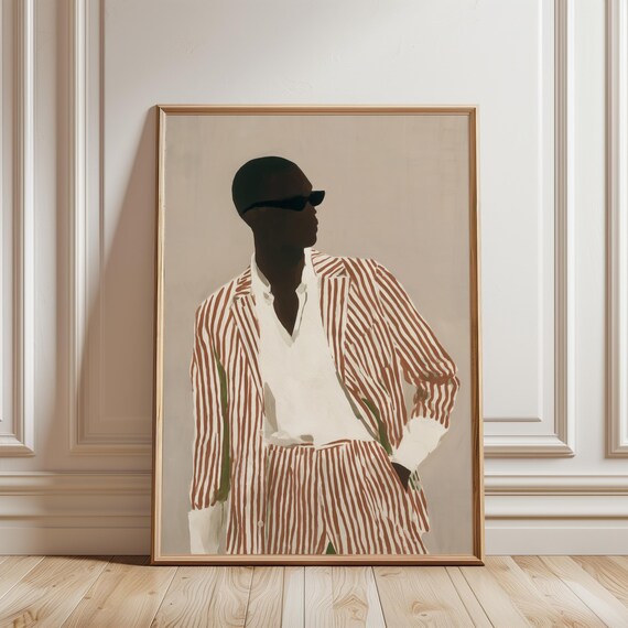 Stylish Black Man in Striped Suit, Modern Chic Fashion Illustration (Digital Download) 546
