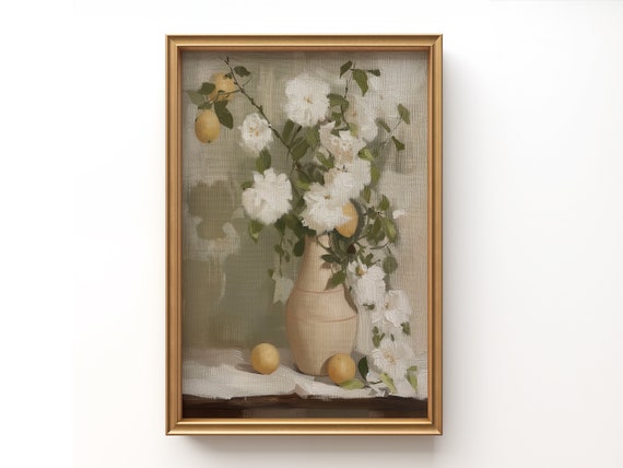 Vintage Tonal Print | Floral Neutral | Bouquet of  White Flowers and Oranges | Still Life Oil Painting | Victorian Botanical | Farmhouse.