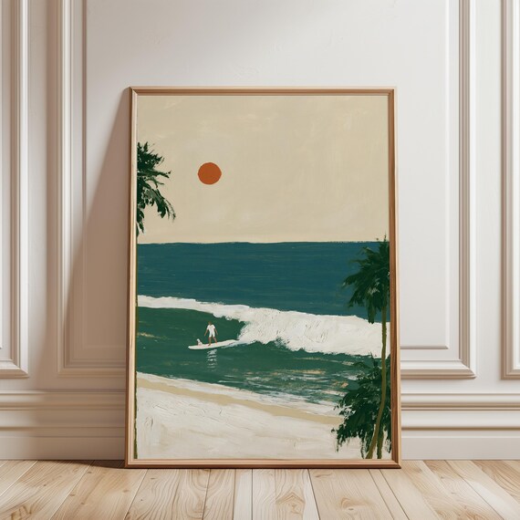 Retro Beach Surfer and Dog Gouache Art, Coastal Summer Decor (Digital Download) 675