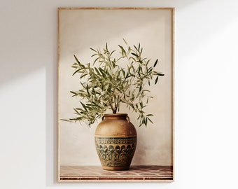 Vintage Olive Branch Vase Print | Green Living Room Decor (Digital Download)