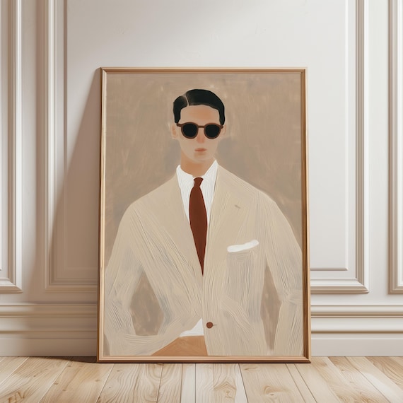Stylish Sprezzatura Man Portrait, Mid-Century Minimal Art with Warm Neutrals (Digital Download) 271