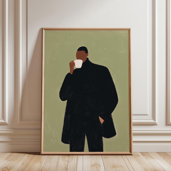 Afrocentric Minimalist Black Man Drinking Coffee Wall Art, Modern African Male Portrait Printable, Contemporary Figure (Digital Download)