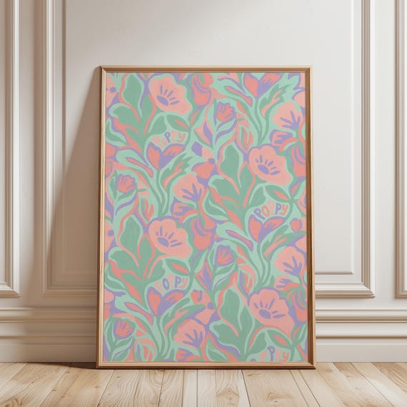Pastel Floral Wall Art Print, Retro Botanical Printable, Mint Coral Pink Boho Flower Poster, Nursery Bedroom Decor (Digital Download)
