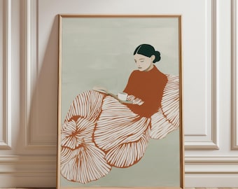 Woman Reading Book Wall Art Print, Quiet Moment Illustration, Orange Striped Skirt Poster, Cozy Reading Nook Decor (Digital Download)
