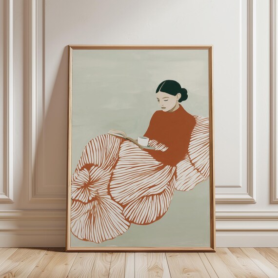 Woman Reading Book Wall Art Print, Quiet Moment Illustration, Orange Striped Skirt Poster, Cozy Reading Nook Decor (Digital Download)