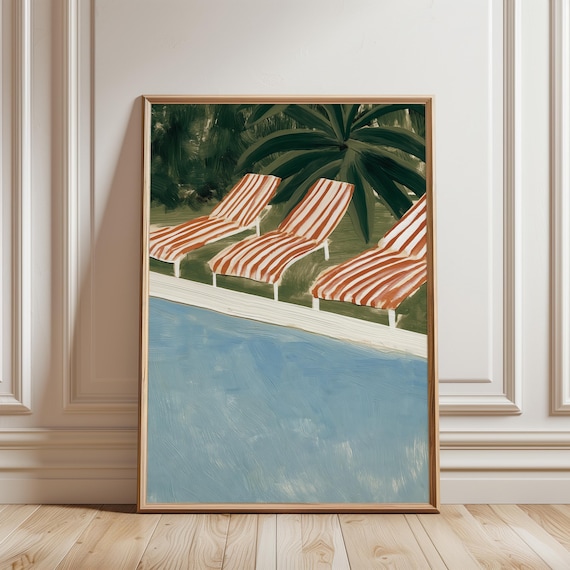 Three Lounge Chairs by Pool, Retro Summer Vibes Scene, Playful Decor (Digital Download) 717