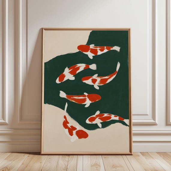 Koi Fish painting, Japanese Koi Pond Printable, Japandi Wall Art, Minimalist Orange Green Decor (Digital Download)