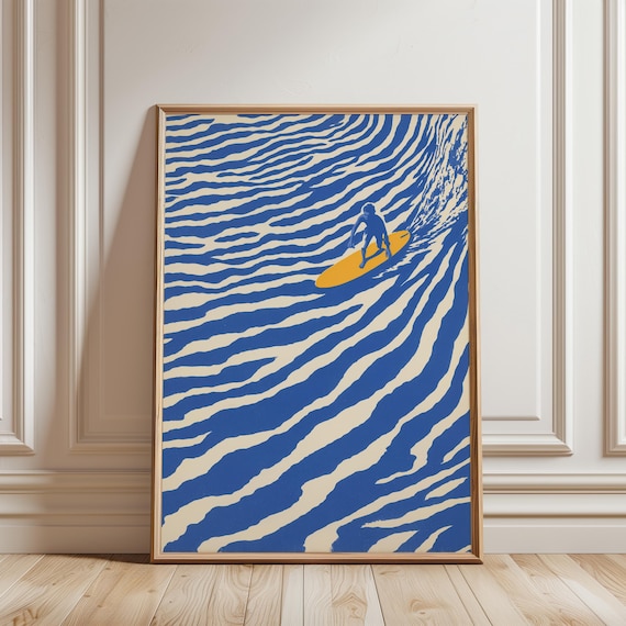 Retro Surfer Riding Wave, Mid-Century Modern Coastal Wall Art (Digital Download) 580