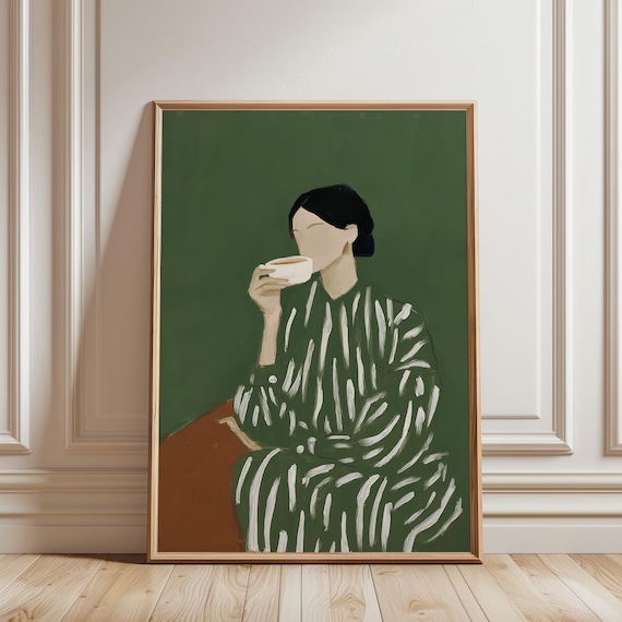 Sage Green Coffee Wall Art – Woman Drinking Coffee (Digital Download)