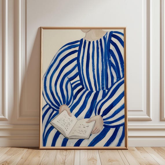 Woman Reading Wall Art Print, Blue Stripe Painting, Minimalist Figurative Decor (Digital Download)
