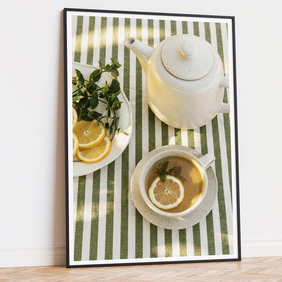 Tea Time Wall Print, Lemon and Mint Still Life, Green Stripe Table Decor