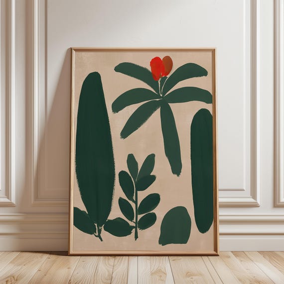 Bold Tropical Plant Art, Modern Folk Botanical Print on Beige (Digital Download) 252