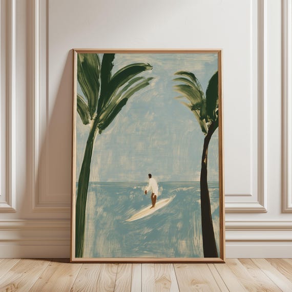 Surfer on Serene Ocean Painting, Coastal Summer Decor Beach House Art (Digital Download) 673