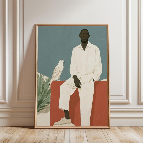 Black Man with Falcon, Minimalist Desert Gouache Portrait (Digital Download) 539