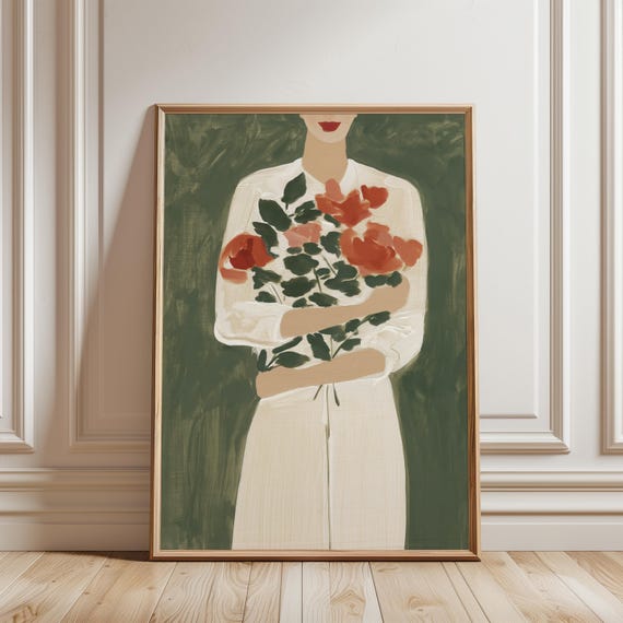 Romantic Gouache Painting, Vintage Woman with Roses Bouquet Art (Digital Download) 569