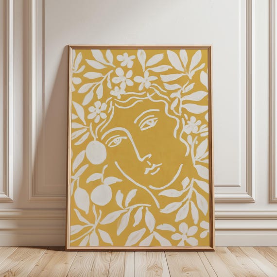Matisse Woman Face Botanical Wall Art Print, Yellow Mustard Line Drawing, Modern Abstract Female Portrait, Minimalist (Digital Download)