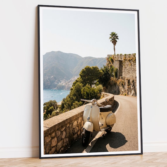 Vintage Vespa Poster, Amalfi Coast Wall Art Printable, Italian Coastal Road Print, Mediterranean Wall Decor
