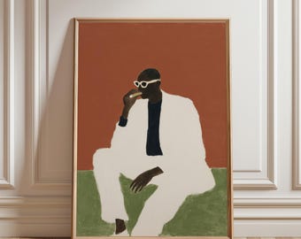 Black Man Smoking Cigar Wall Art, Afrocentric Figurative Painting, Modern Black Art, Living Room Decor, Mid Century Style (Digital Download)