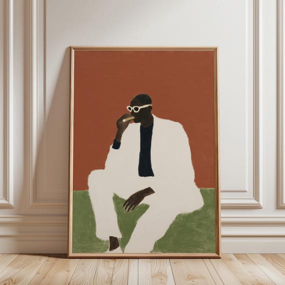 Black Man Smoking Cigar Wall Art, Afrocentric Figurative Painting, Modern Black Art, Living Room Decor, Mid Century Style (Digital Download)