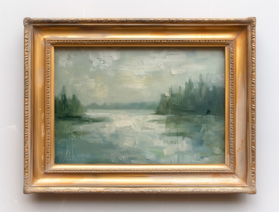 Muted Green Lake Landscape Print | Calming Cottage Art (Digital Download)