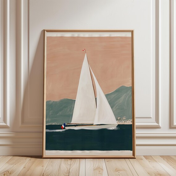 Nautical Minimalist Yacht with French Flag, Coastal Wall Art Gouache Painting (Digital Download) 424