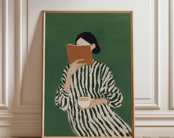 Woman Reading Book Wall Art Print, Green Striped Dress Coffee Morning, Quiet Moment, Book Lover Gift, Reading Nook Decor (Digital Download)