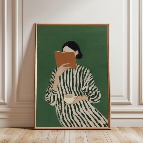 Woman Reading Book Wall Art Print, Green Striped Dress Coffee Morning, Quiet Moment, Book Lover Gift, Reading Nook Decor (Digital Download)