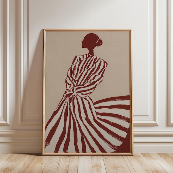Elegant Fashion Silhouette Art: Vintage Striped Gown Illustration (Digital Download) 583