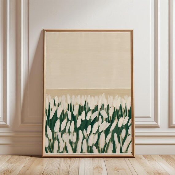 White Tulip Field Painting, Minimal Botanical Wall Art for Modern Farmhouse (Digital Download) 421