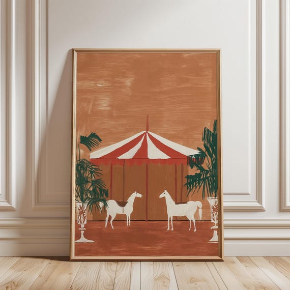 Vintage Circus Carousel Painting, Rustic Folk Art Style with Horses (Digital Download) 265