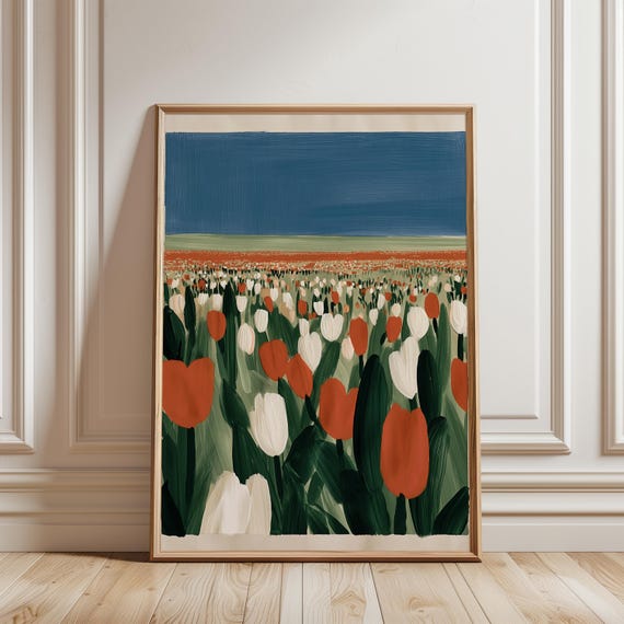 Tulip Field Landscape Painting, Modern Farmhouse Cottagecore Art (Digital Download) 229